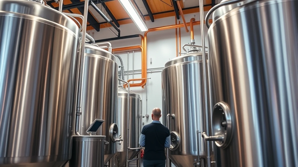 Professional brewery interior with stainless steel fermentation tanks, copper equipment, and warm lighting, brewmaster monitoring production equipment