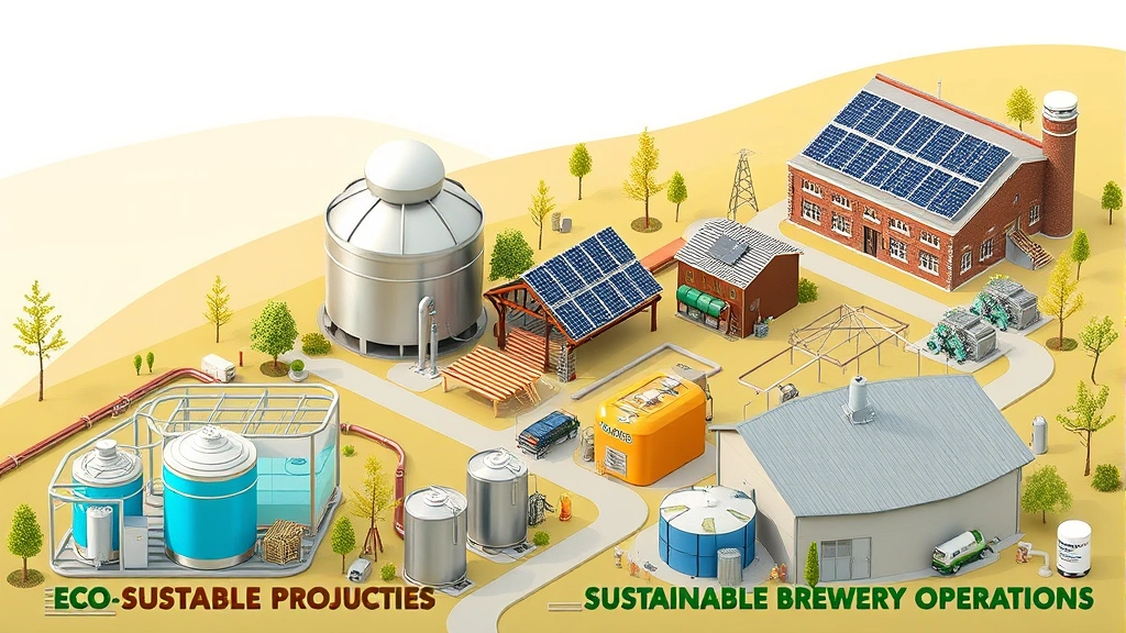 Sustainable brewery operations showing water treatment systems, renewable energy panels, recycling stations, and eco-friendly production facilities