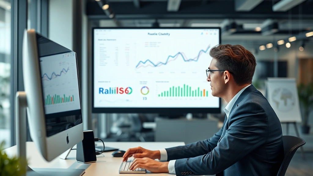 Professional business executive reviewing insurance company financial reports and stability metrics on computer screen in modern office