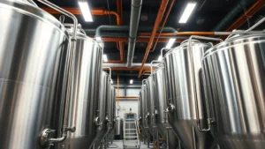 Professional brewery interior with stainless steel fermentation tanks, copper piping, and industrial lighting in a modern craft beer production facility, no text visible