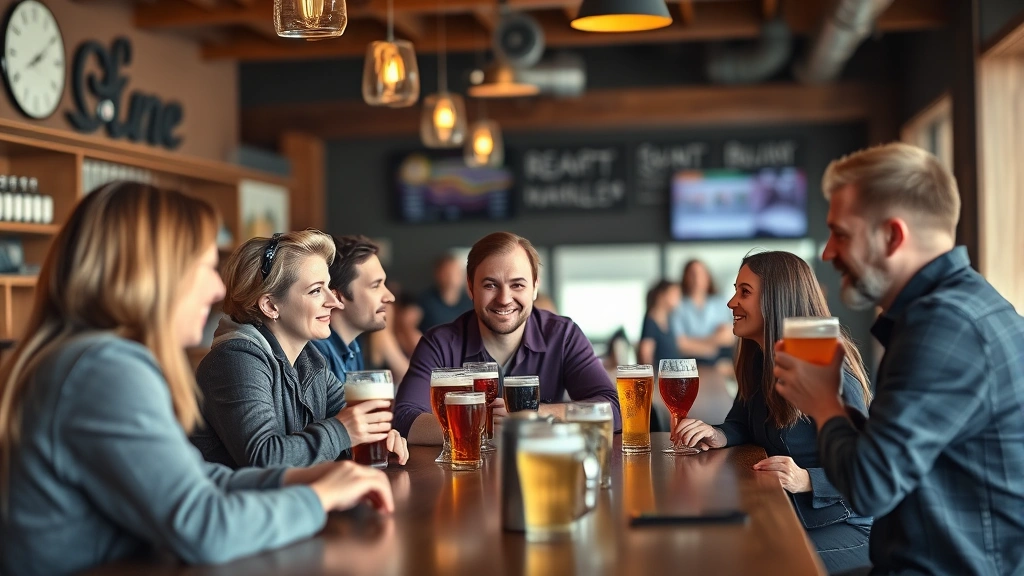Diverse group of customers enjoying craft beer at a stylish taproom bar counter with wooden elements and warm lighting, engaged in conversation