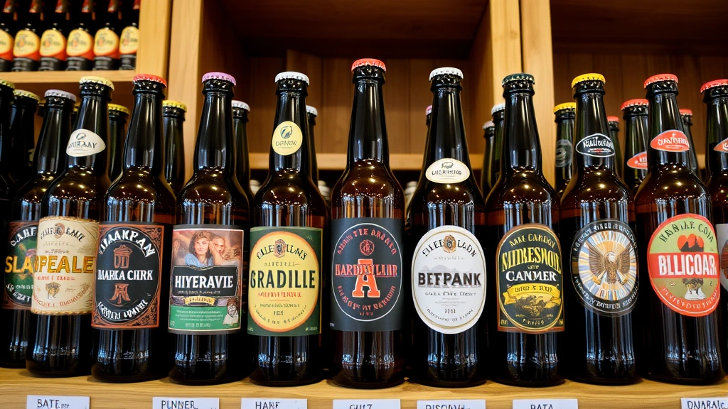 Artisanal beer bottles with distinctive labels displayed on wooden shelves in a retail setting, showcasing product variety and branding