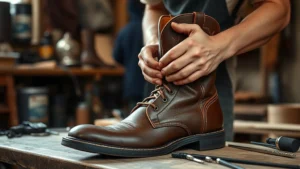 Skilled bootmaker hands carefully stitching premium leather boot seams in well-lit artisan workshop, showing detailed craftsmanship and concentration, natural workshop lighting