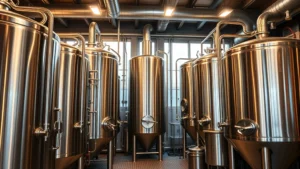 Modern craft brewery interior with stainless steel fermentation tanks, industrial brewing equipment, and warm ambient lighting reflecting in polished metal surfaces, professional brewery environment