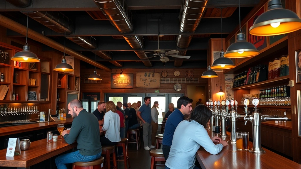 Lively taproom scene with wooden bar counters, customers enjoying beverages in casual gathering atmosphere, craft beer taps visible, warm hospitality setting without people visible in detail