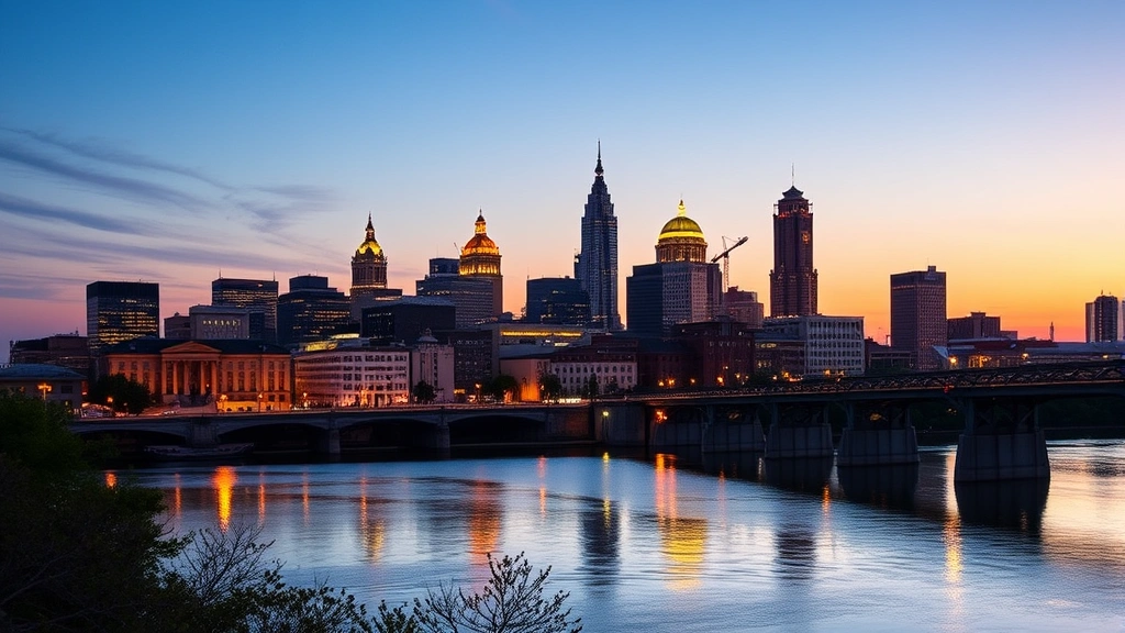 Columbus skyline at dusk with river reflection, representing local business heritage and regional market positioning for craft brewery operations