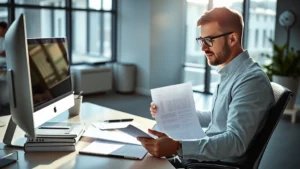 Professional business owner reviewing legal documents and certificates at a modern office desk with computer and filing organizer, sunlight streaming through windows, focused expression analyzing paperwork