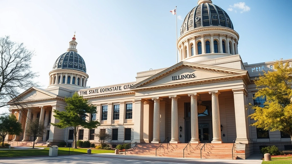 Illinois Secretary of State office building exterior or state capitol building, professional government architecture, official and authoritative setting, clear daytime lighting showing governmental importance