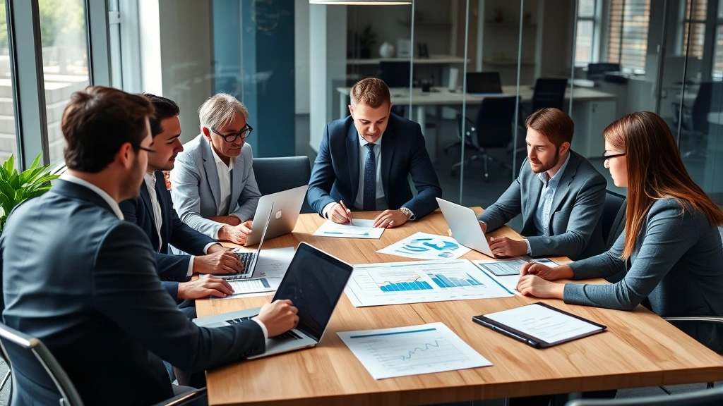 Team of professionals in business attire collaborating around conference table with laptops, reviewing charts and business plans during company restart meeting, modern office environment with natural lighting