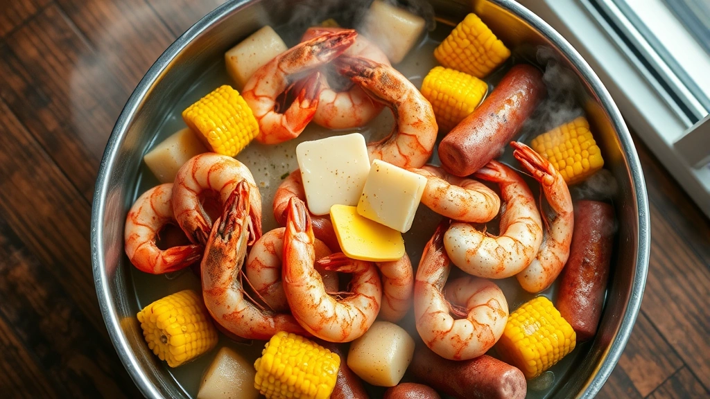 Overhead shot of a steaming seafood boil with shrimp, corn, potatoes, sausage in a metal bowl with melted butter and seasoning, rustic wooden table background, natural lighting from coastal window