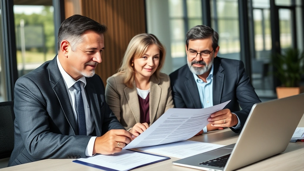 Professional insurance agent in business suit reviewing life insurance policy documents with middle-aged couple in modern office setting, natural lighting, confident expressions, desk with laptop and documents