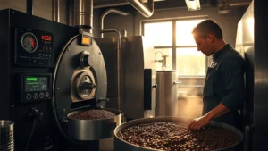 Professional coffee roasting facility with industrial roasting equipment, temperature monitoring displays, and a skilled roaster in apron examining roasted coffee beans in morning light