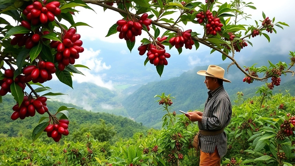 Lush coffee farm landscape in mountainous region with ripe red coffee cherries on branches, farmer in traditional clothing examining plants, misty valleys in background