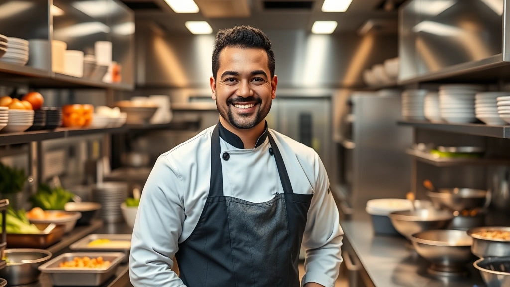 Professional pani puri business owner standing in modern commercial kitchen wearing chef attire, smiling confidently with organized ingredient stations and stainless steel equipment visible in background, bright professional lighting, corporate food business setting
