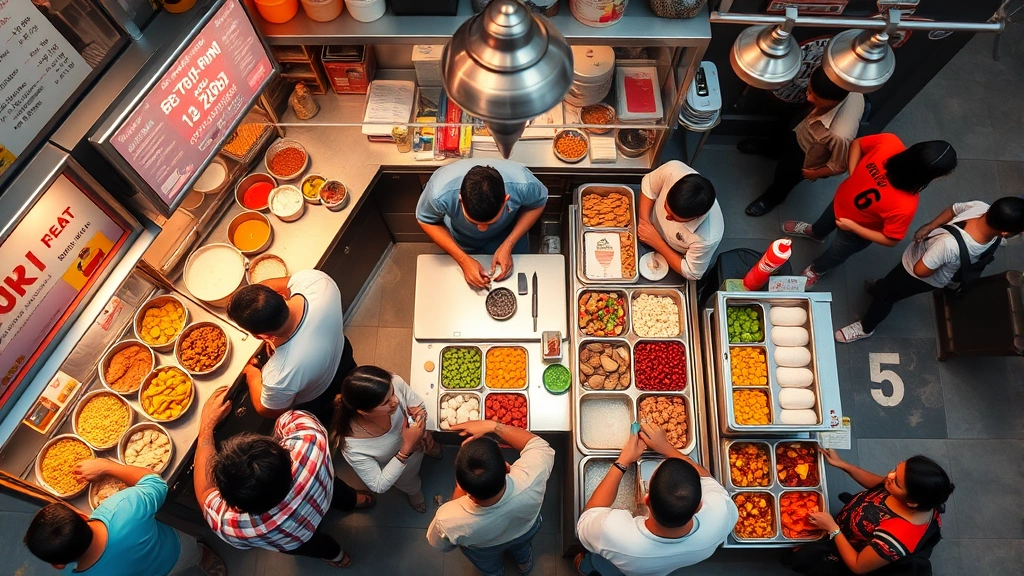 Bird's eye view of a bustling pani puri kiosk during peak service hours with multiple customers in queue, efficient staff preparation visible, colorful ingredients in organized containers, modern point-of-sale system, vibrant food service environment