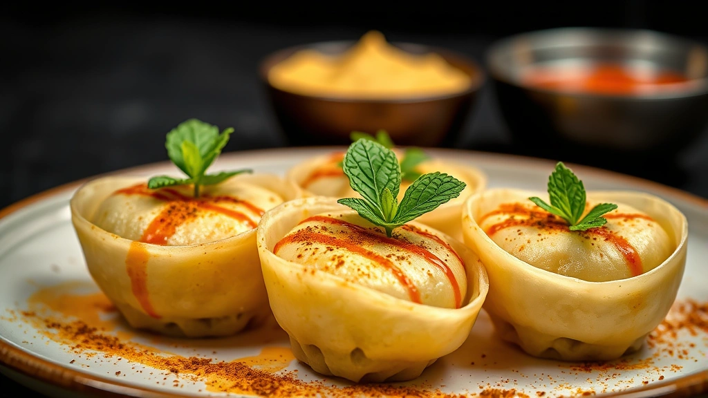 Detailed close-up of beautifully plated pani puri with garnished components, fresh mint leaves, tamarind drizzle, and spice powder artfully arranged, professional food photography lighting, premium presentation demonstrating brand quality standards