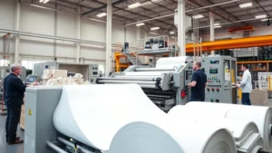 Industrial paper converting machine in modern manufacturing facility with operators monitoring production, bright warehouse setting, professional business environment, high-speed machinery with control panels