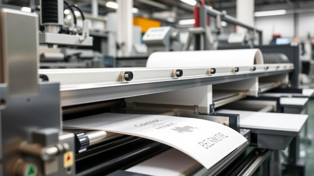 Close-up of precision paper converting equipment with embossing and finishing systems, stainless steel components, technological controls, professional manufacturing floor background