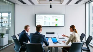 Professional business meeting in modern conference room with executives reviewing consumer feedback data on screens, corporate atmosphere, natural lighting, focused discussion environment