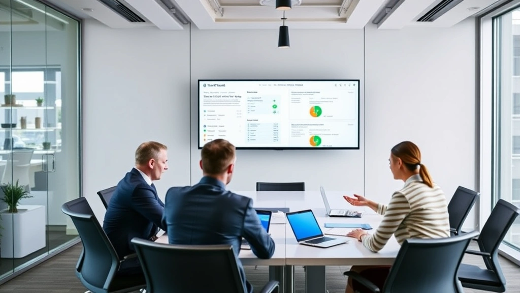 Professional business meeting in modern conference room with executives reviewing consumer feedback data on screens, corporate atmosphere, natural lighting, focused discussion environment