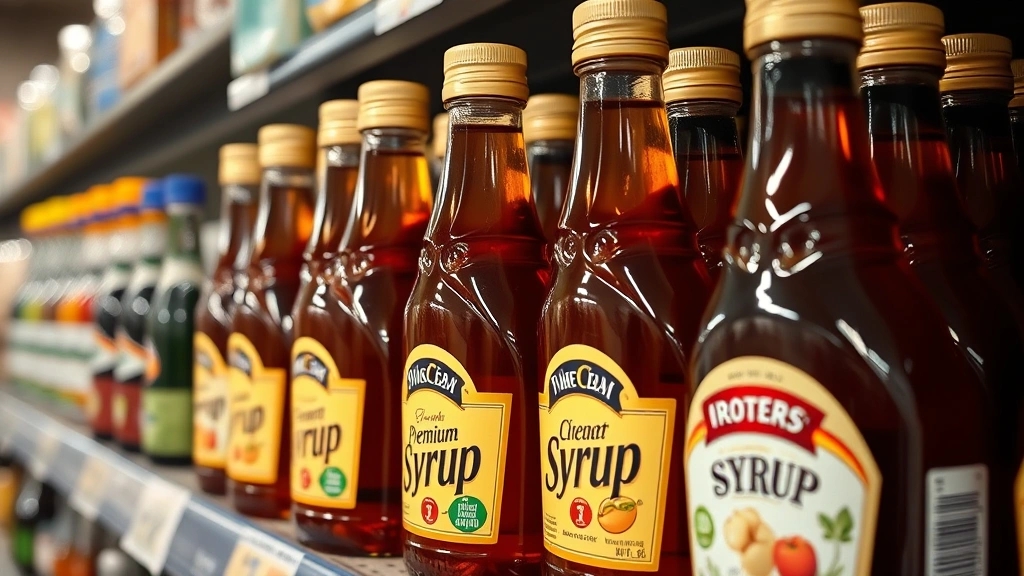 Close-up of premium syrup bottles displayed on retail shelf alongside competing brands, warm amber glass, professional product photography, grocery store setting with organized display