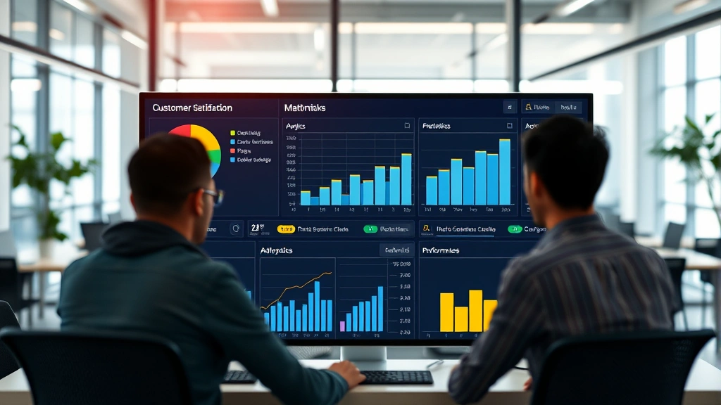 Customer satisfaction metrics dashboard with analytics charts and performance indicators, business intelligence visualization, modern office environment with data analysis focus