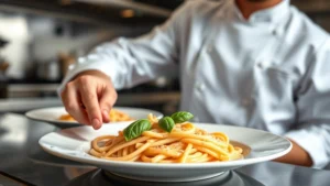 Professional chef plating creamy penne rosa pasta with fresh basil garnish in modern restaurant kitchen, natural lighting, close-up shot of finished dish with sauce coating