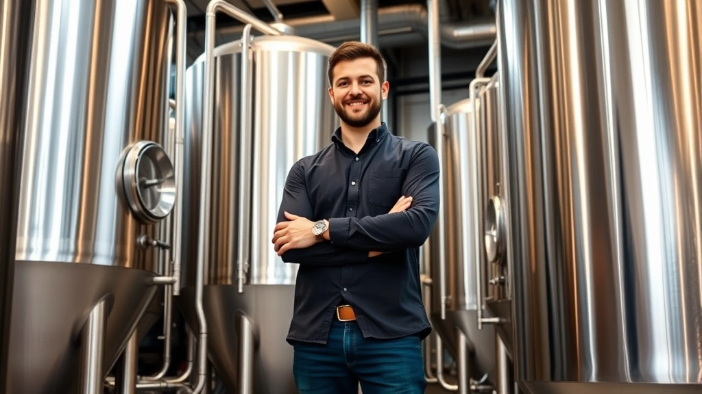 Professional brewery owner in modern craft beer production facility, standing confidently near stainless steel fermentation tanks, wearing business casual attire, hands crossed, modern industrial brewery background with warm lighting