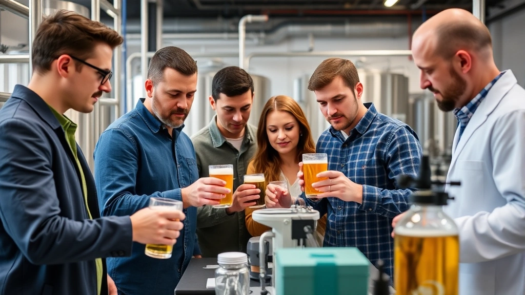 Diverse brewery team collaborating on quality control process, examining beer samples in testing laboratory, professional setting with scientific equipment, focused expressions showing commitment to excellence and precision