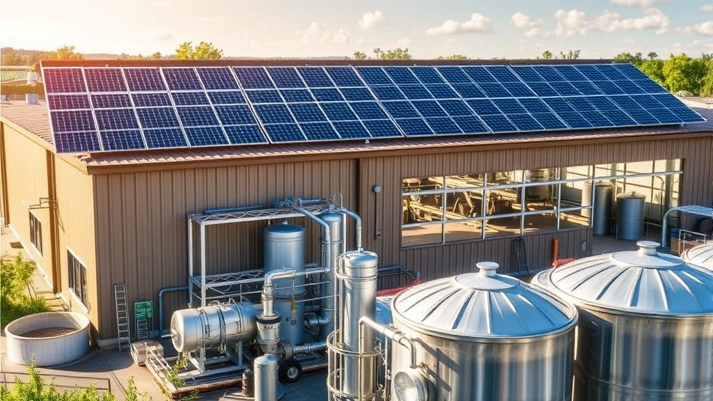Sustainable brewery operations showcase with solar panels on roof, water conservation systems visible, modern eco-friendly facility design, natural daylight streaming through large windows, representing environmental commitment and operational excellence