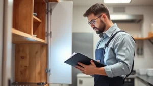 Professional pest control technician in uniform conducting detailed inspection of commercial kitchen with clipboard, examining cabinet undersides and crevices with flashlight, clean clinical environment