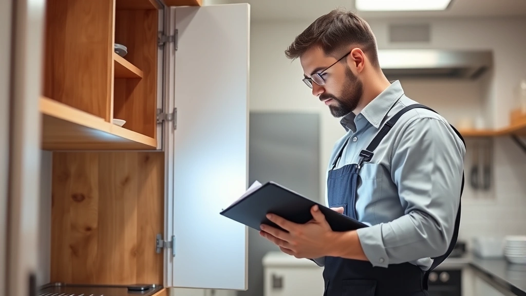 Professional pest control technician in uniform conducting detailed inspection of commercial kitchen with clipboard, examining cabinet undersides and crevices with flashlight, clean clinical environment