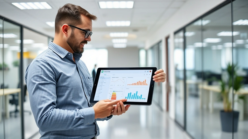 Facility manager and pest control specialist reviewing monitoring data on tablet showing trap results and population graphs, discussing treatment progress in clean commercial office environment