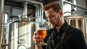 Professional brewmaster in craft brewery examining beer sample in glass against light, modern brewing equipment visible in background, focused concentration expression, natural industrial lighting