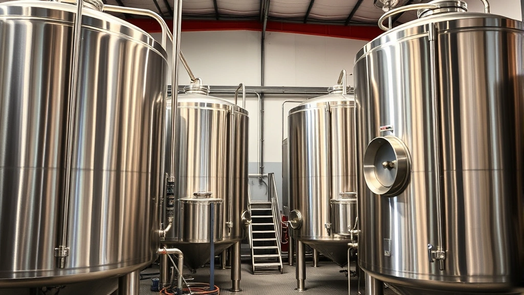 Sustainable brewery operation showing modern fermentation tanks and brewing equipment, eco-friendly facility design with recycled materials visible, clean professional environment with stainless steel components