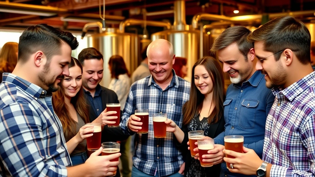 Diverse group of craft beer enthusiasts at brewery tasting event, examining beer glasses, smiling and engaged in conversation, casual professional atmosphere, warm ambient lighting