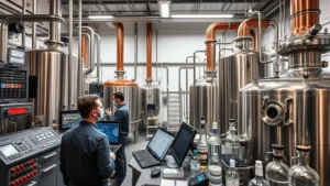 Professional spirits distillery control room with technicians monitoring equipment, stainless steel tanks, quality control instruments, industrial manufacturing environment, no text visible