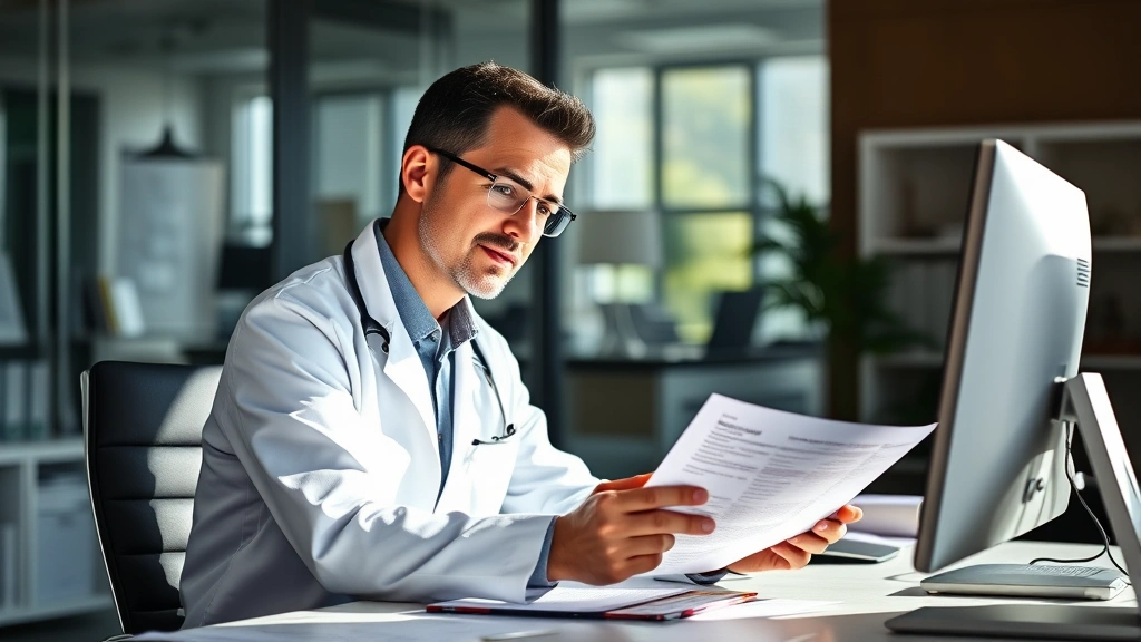 Professional male physician in white coat reviewing financial documents at modern office desk with computer, natural lighting, confident expression, contemporary medical office background