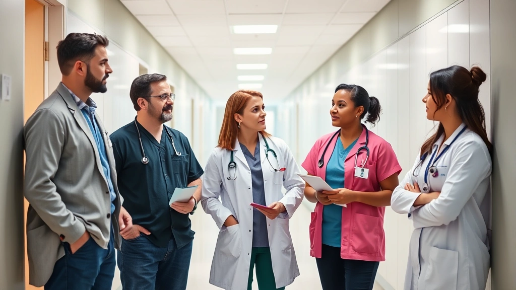 Diverse group of three healthcare professionals - male and female doctors - having collaborative discussion in hospital corridor with modern architecture, professional attire, engaged body language