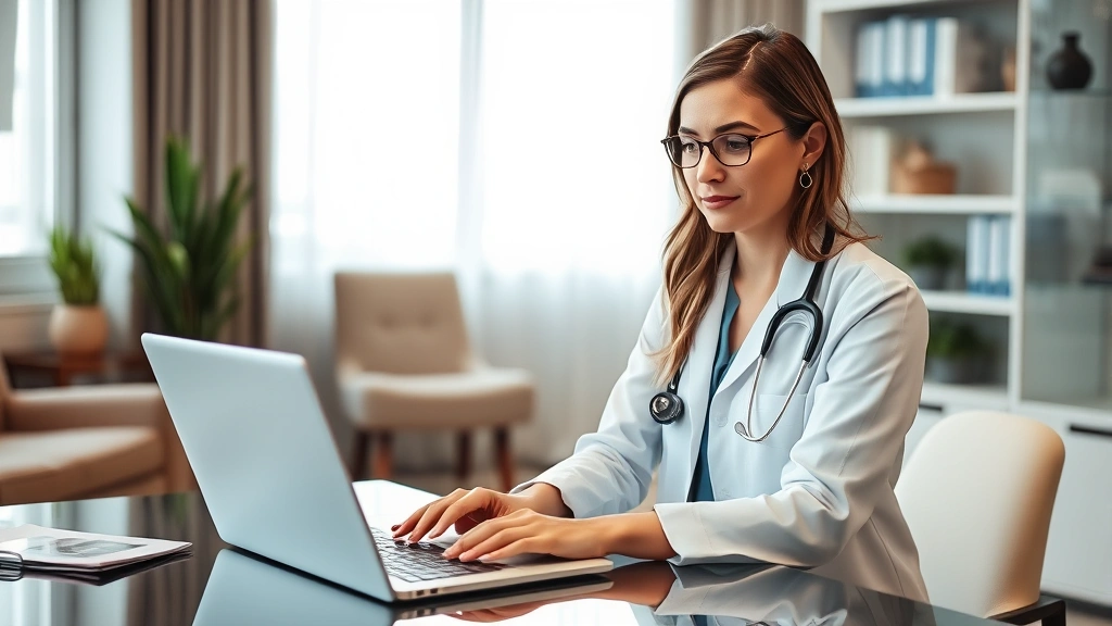 Female physician in office setting working on laptop with financial planning documents visible, warm professional environment, focused expression, contemporary medical practice setting