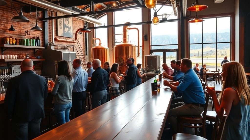 Professional craft brewery taproom interior with wooden bar, copper brewing equipment visible in background, customers enjoying beverages in casual business-casual attire, warm ambient lighting, Colorado mountain views through large windows, modern industrial aesthetic with rustic elements