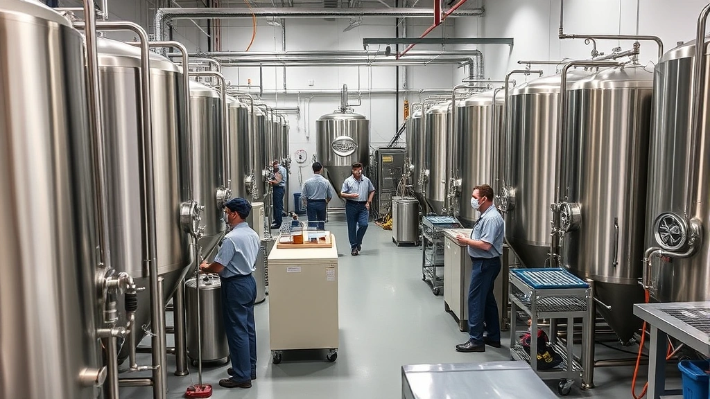 Craft brewery production floor showing stainless steel fermentation tanks, brewing equipment, quality control laboratory setup with testing instruments, professional brewery staff in work uniforms conducting operations, organized and clean industrial environment, professional documentation and monitoring systems visible