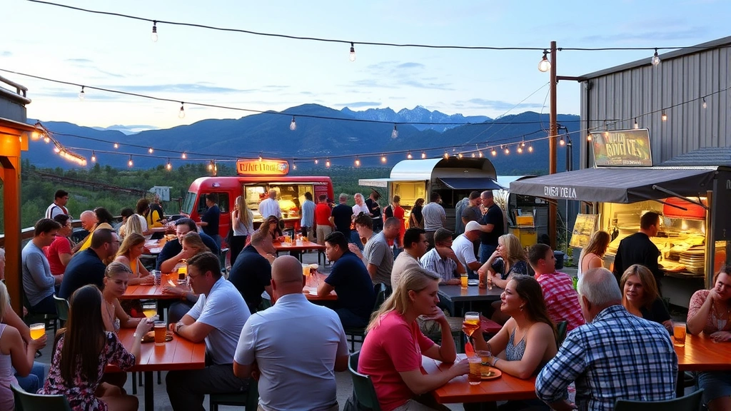 Brewery community event scene with outdoor patio seating, customers socializing with drinks, local food trucks or food service setup, mountain landscape background, evening or golden hour lighting, diverse group of people enjoying brewery experience, festive but upscale atmosphere