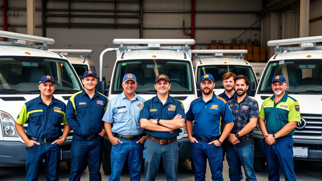 Diverse team of plumbers in company uniforms standing confidently in front of service vehicles parked in a row, modern industrial facility background, daytime professional photography