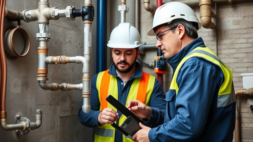 Experienced master plumber mentoring younger apprentice at job site, examining water system components together, both wearing safety gear, collaborative learning environment with tools and equipment visible
