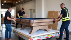 Professional movers using specialized equipment to carefully transport a slate pool table on a custom dolly with protective padding, showing precision handling and safety measures in a modern moving facility