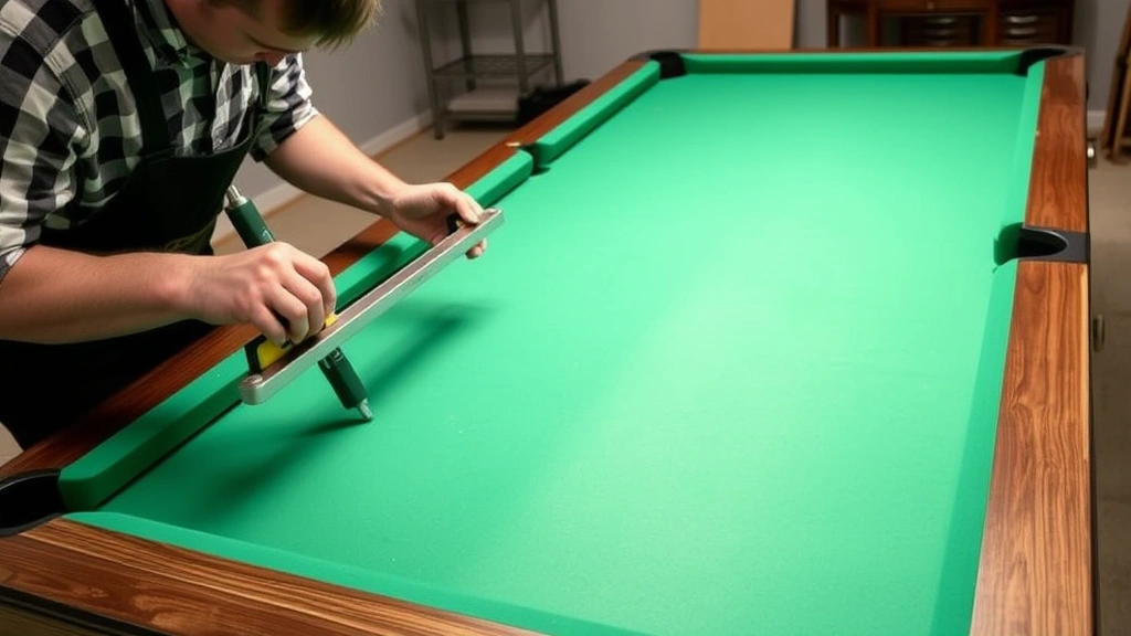 Expert technician using precision leveling instruments to ensure perfect alignment of a reassembled pool table, checking vertical and horizontal planes with professional measurement tools