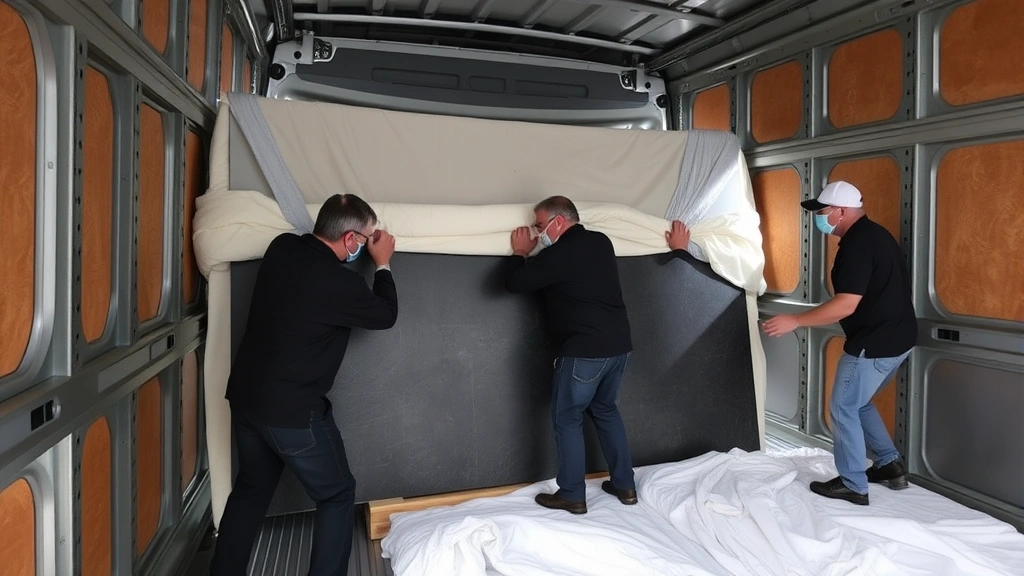 Team of experienced movers demonstrating proper technique for wrapping and securing a slate surface with foam padding and reinforced blankets in a climate-controlled transport vehicle