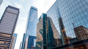 Modern glass office tower in downtown financial district with reflecting skyscrapers, daytime urban landscape, professional real estate development photography