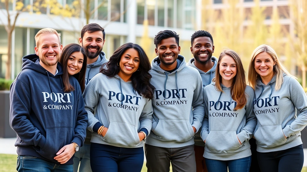 Professional team of diverse employees wearing matching Port & Company hoodies during outdoor corporate team-building event, smiling and relaxed, natural lighting, modern office park background
